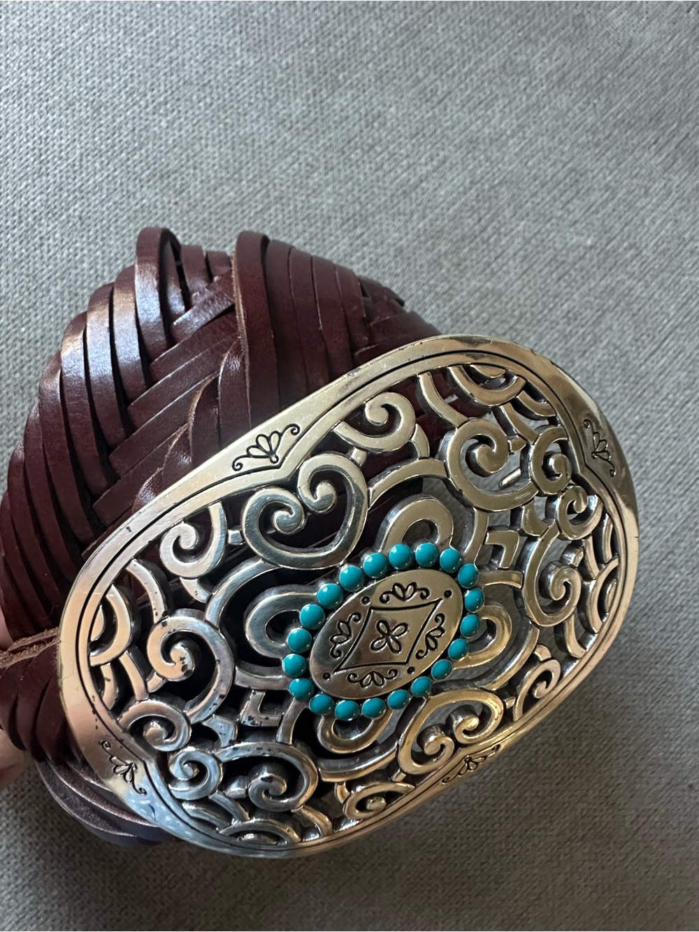 Brighton Brown Woven Leather Belt with Turquoise Accent Buckle SZ 34